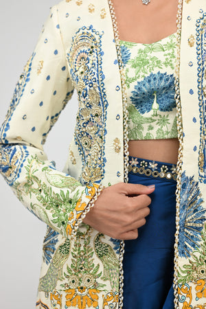 Royal Highlighted Blazer Paired With Peacock Bralette and Blue Cowl Skirt image 1