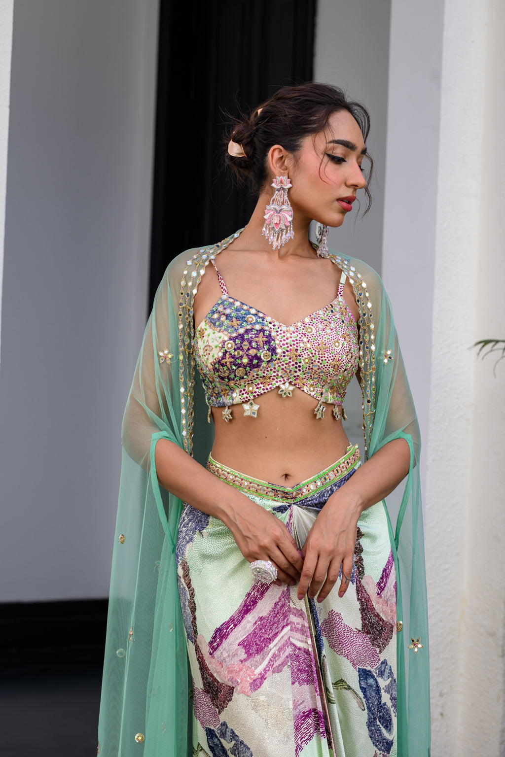 Eden Highlight Bralette With Mirror Work Paidawn With Dhoti Skirt And Cape image 6
