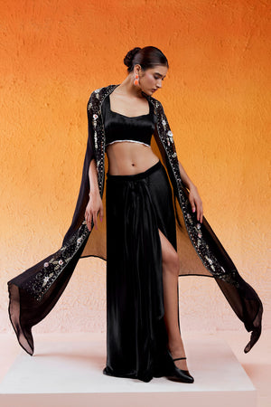 Black Embroidered Drape Skirt Set with Cape image 4