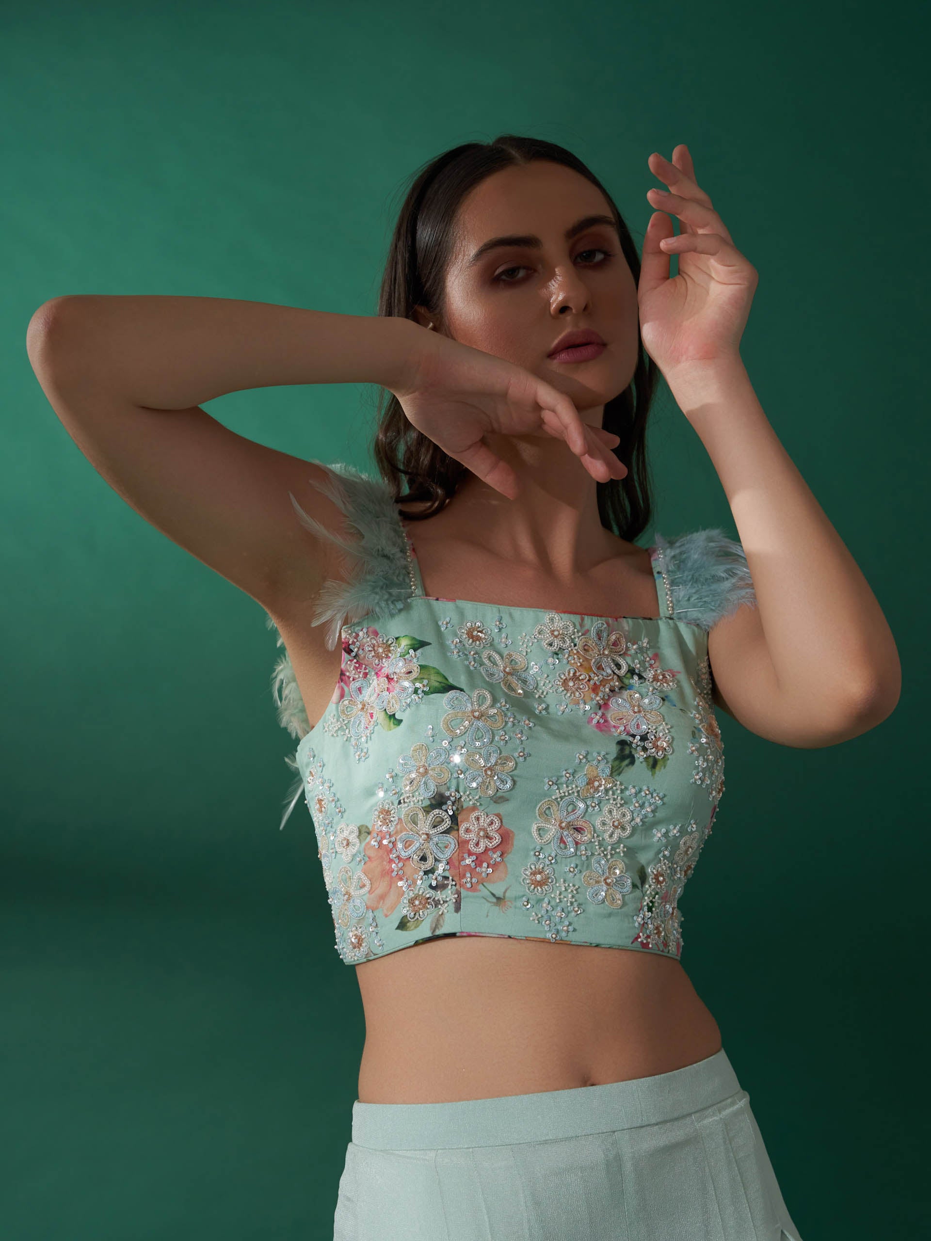 Sea Green Feather Flared Pant Set image 1