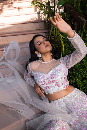 Off-White Net Embroidered Lehenga Set image 5
