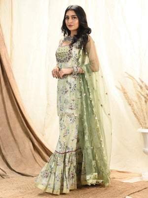 Sage Green Foil Print Sharara Set image 0