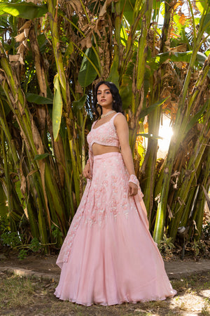 Pink Floral Georgette Embroidered Blouse Lehenga Set image 2