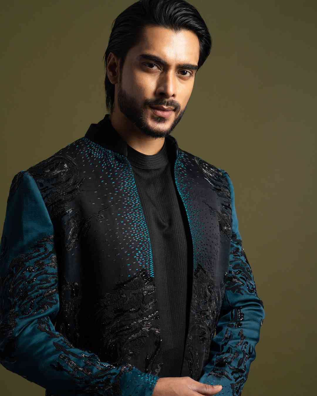Teal and Black Achkan Set image 4