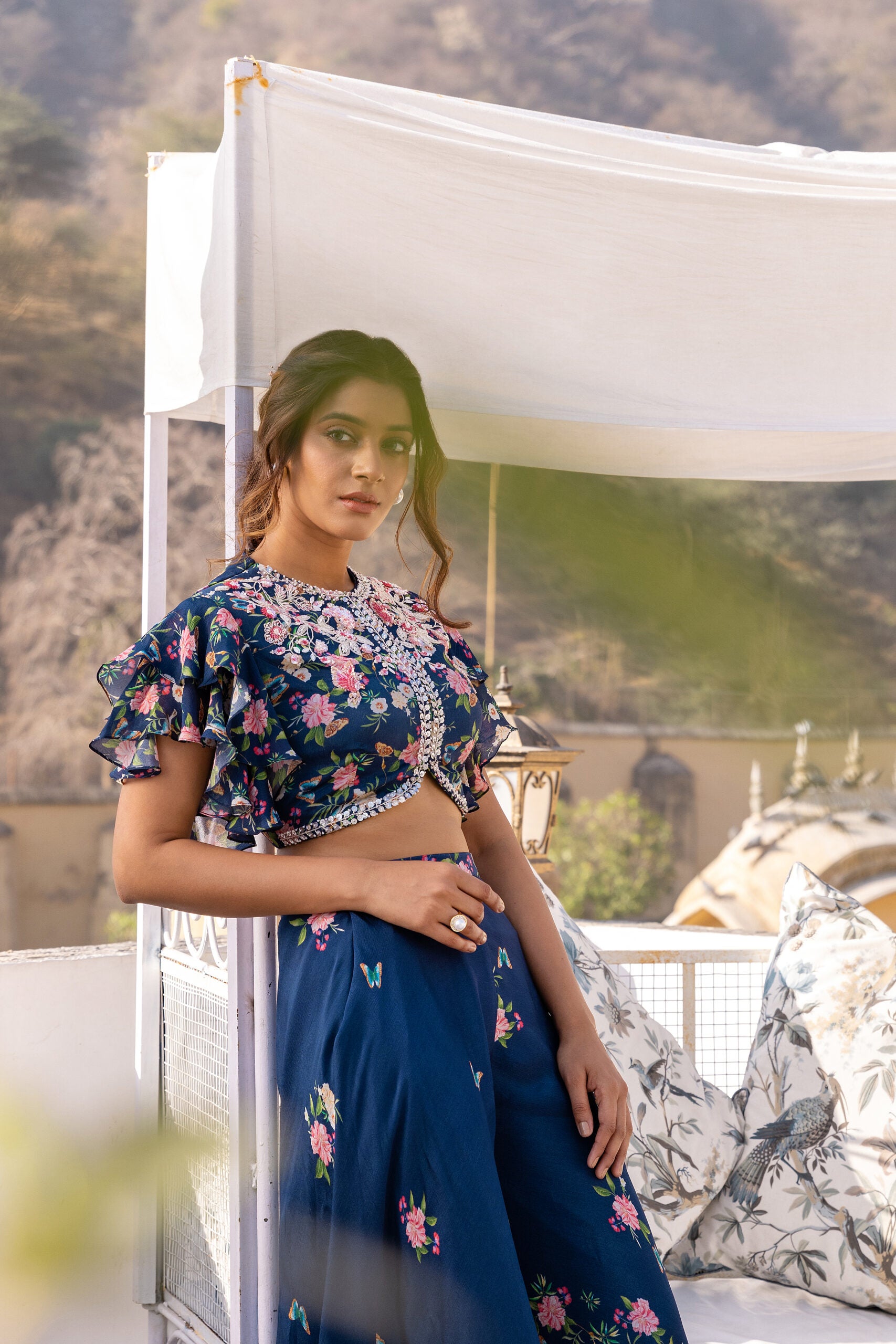 Blue Crepe Georgette Embroidered Pant Set image 3