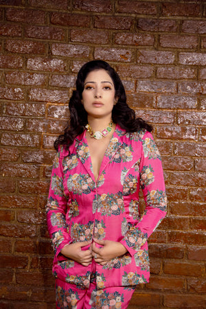 Fuchsia Pink Floral Pant Suit image 2