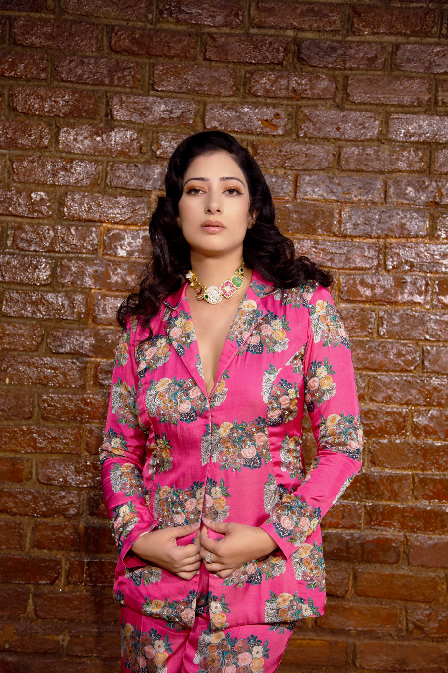 Fuchsia Pink Floral Pant Suit image 2