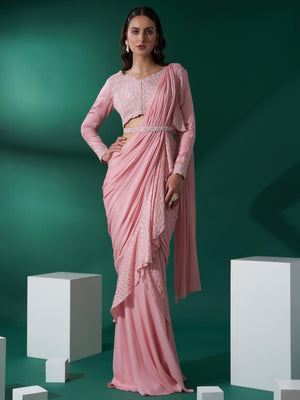 Light Pink Pre Draped Saree Set - Custom image