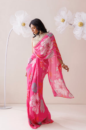 Pink and Golden Saree Style Co-ord Set - S image