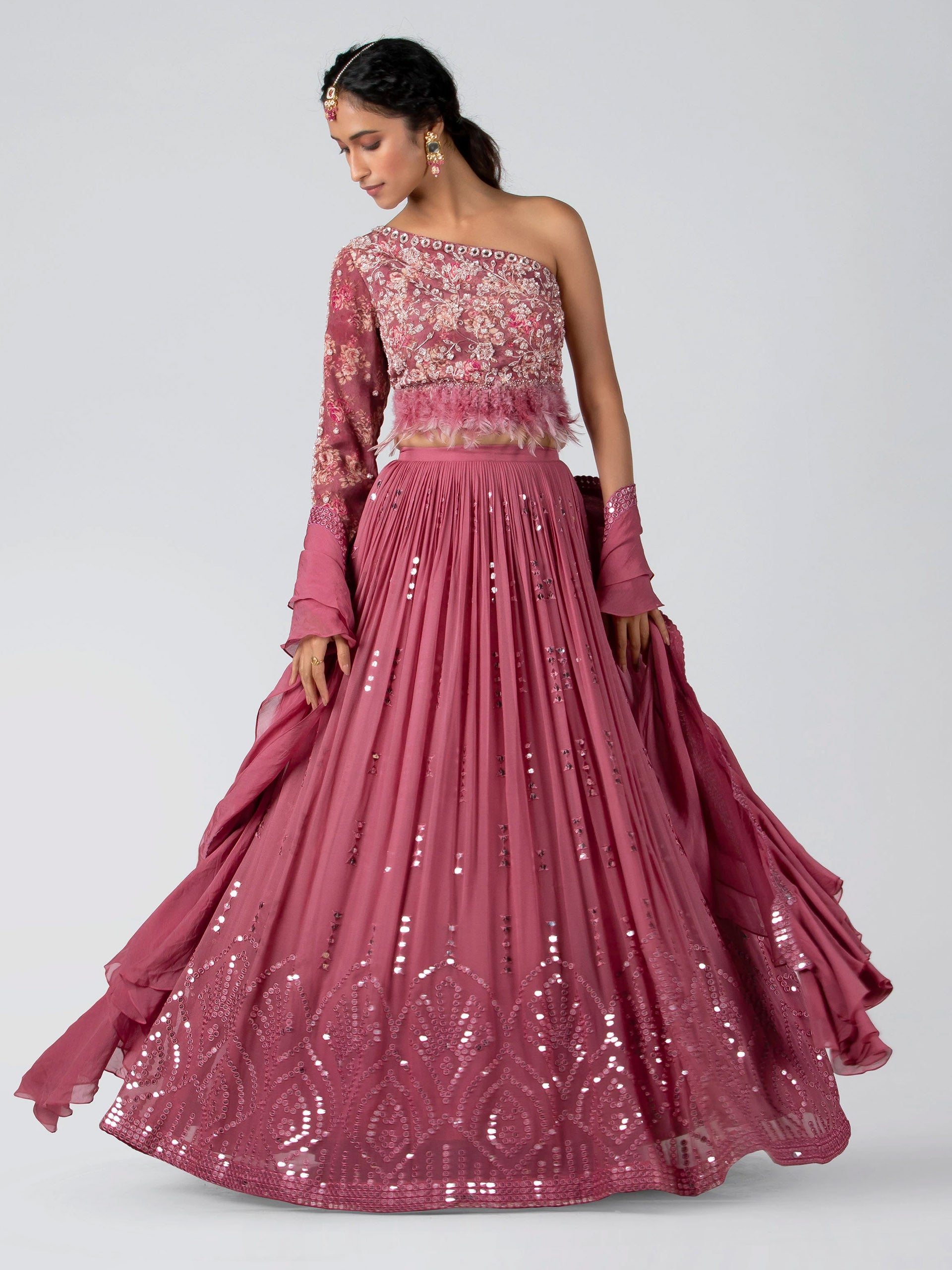 Mauve One Shoulder Lehenga Set - XL image