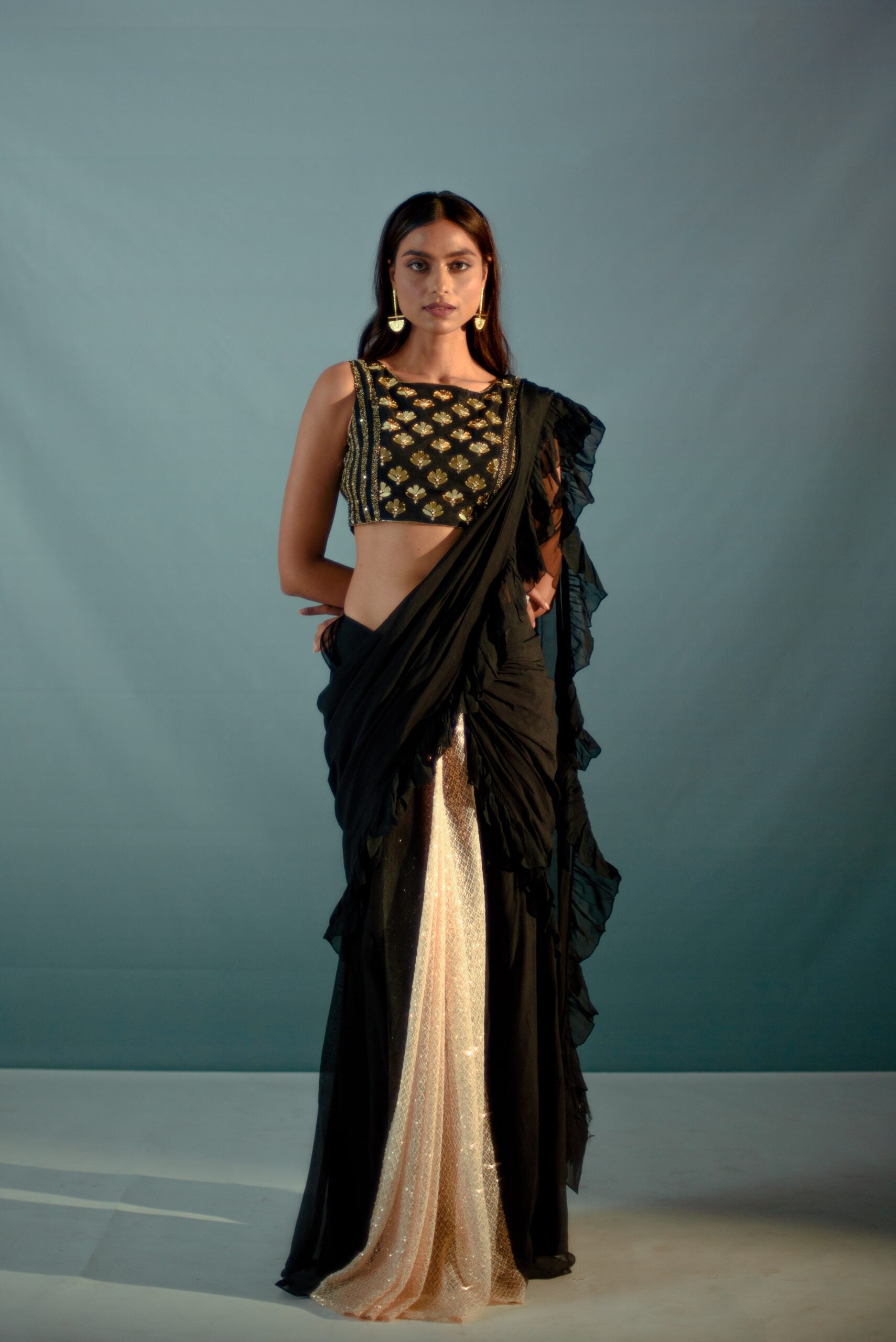 Black Feather Details Saree Set image 4