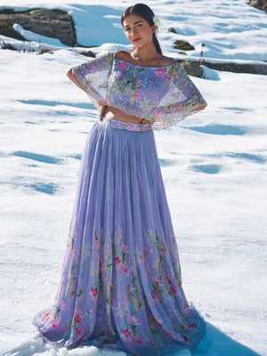 Lavender Floral Cape Lehenga Set - M image