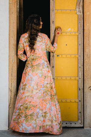 Coral Peach Printed Embroidered Long Jacket and Skirt Set image 2