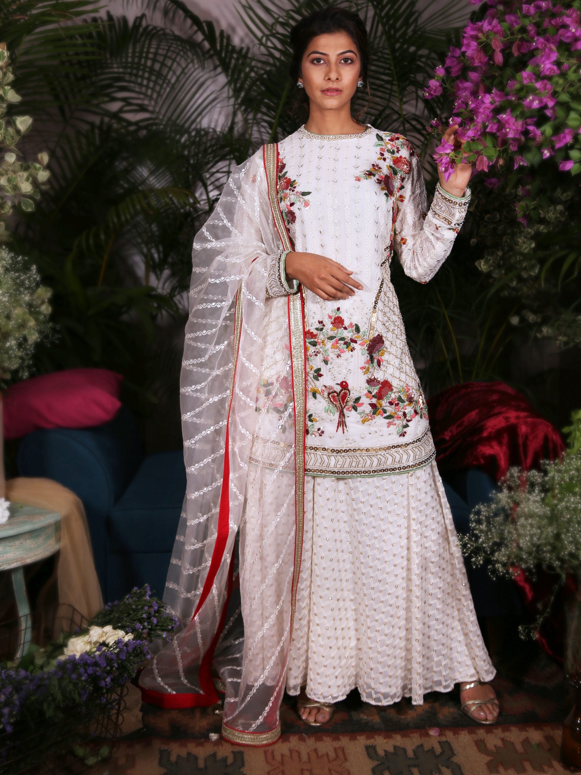 White Embroidered Suit with Palazzo Pants - XL image