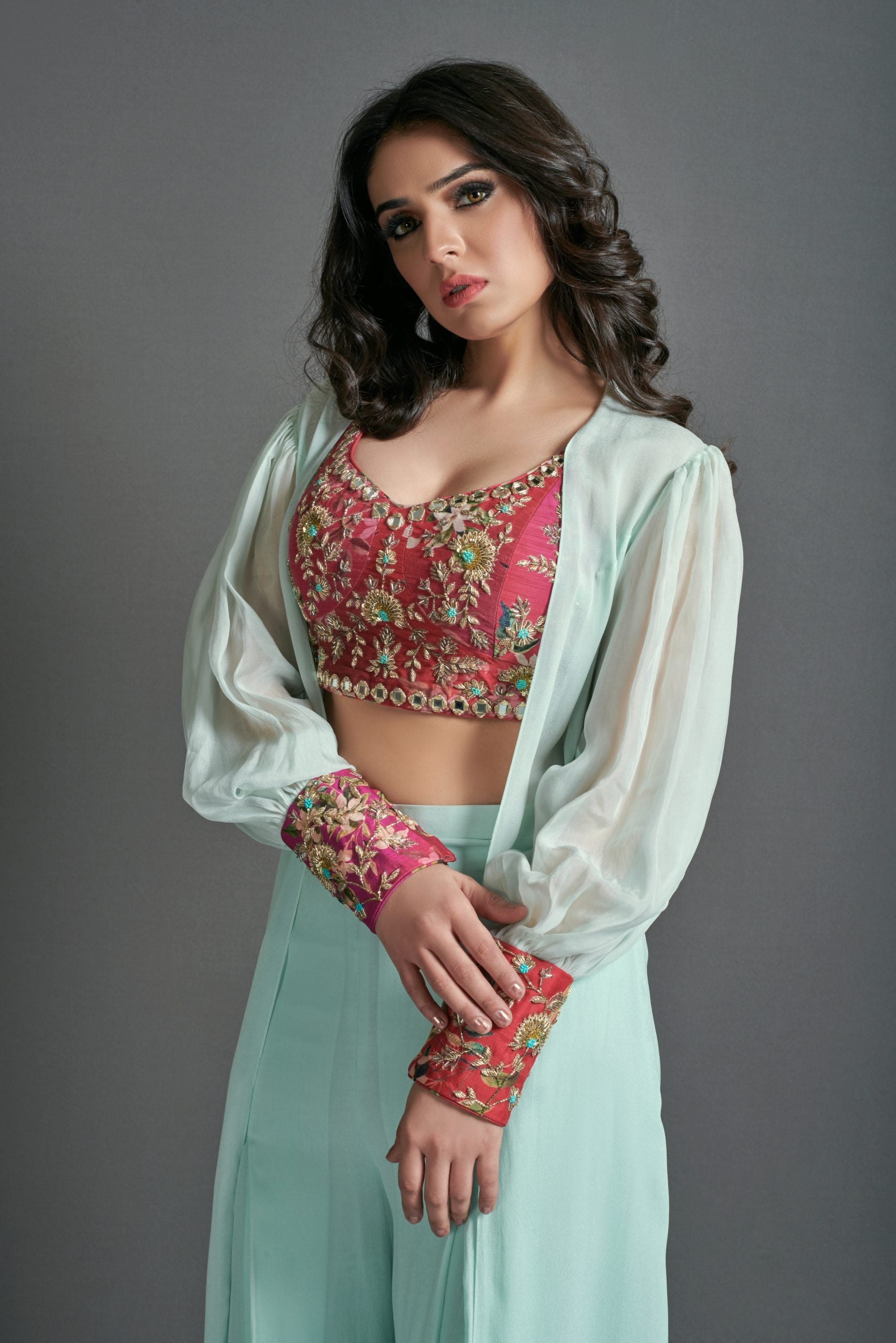 Sea Green and Crimson Red Flare Pant Set image 2