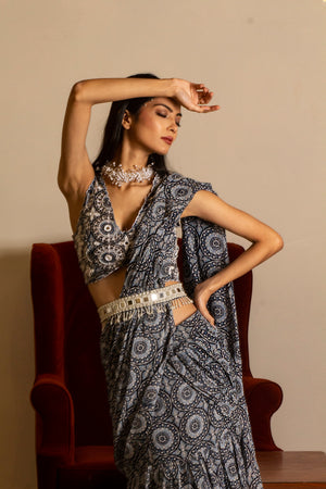 Blue Printed Skirt Saree Set with Belt image 1