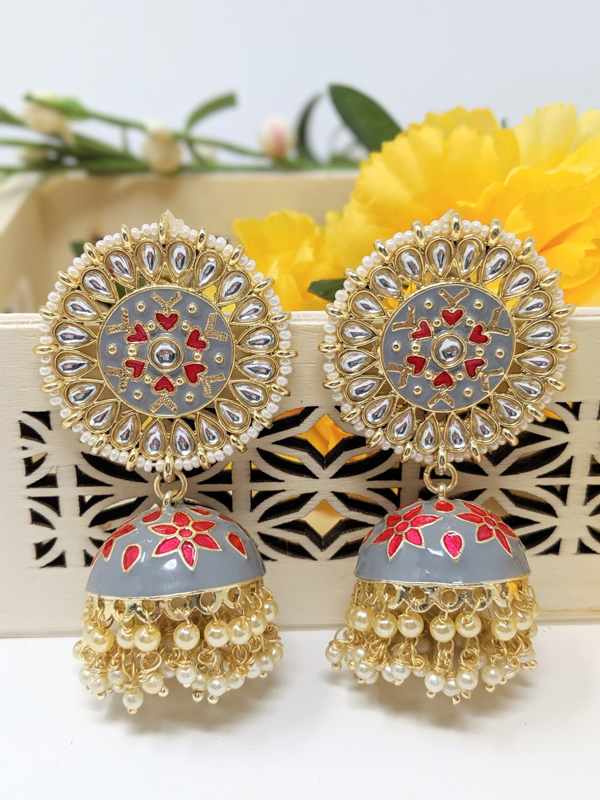 Meenakari Statement Jhumka - Gray image