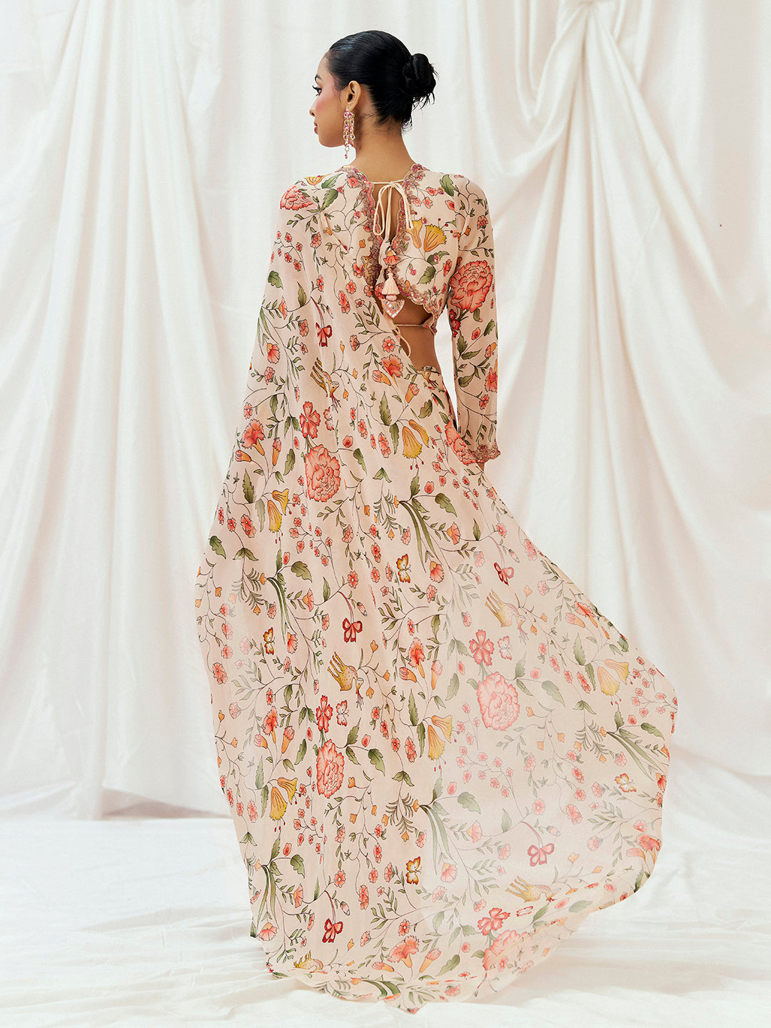 Floral White Printed Embroidered Drape Saree  Set image 4