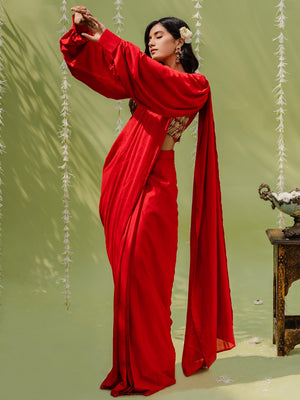Hot Red Pre Draped Saree Set image 6