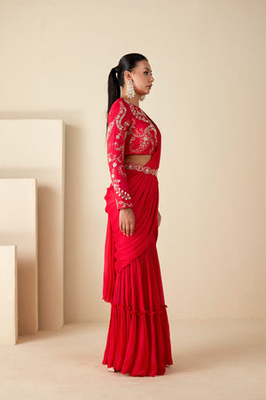 Red Pre-Drape Sharara Saree image 4