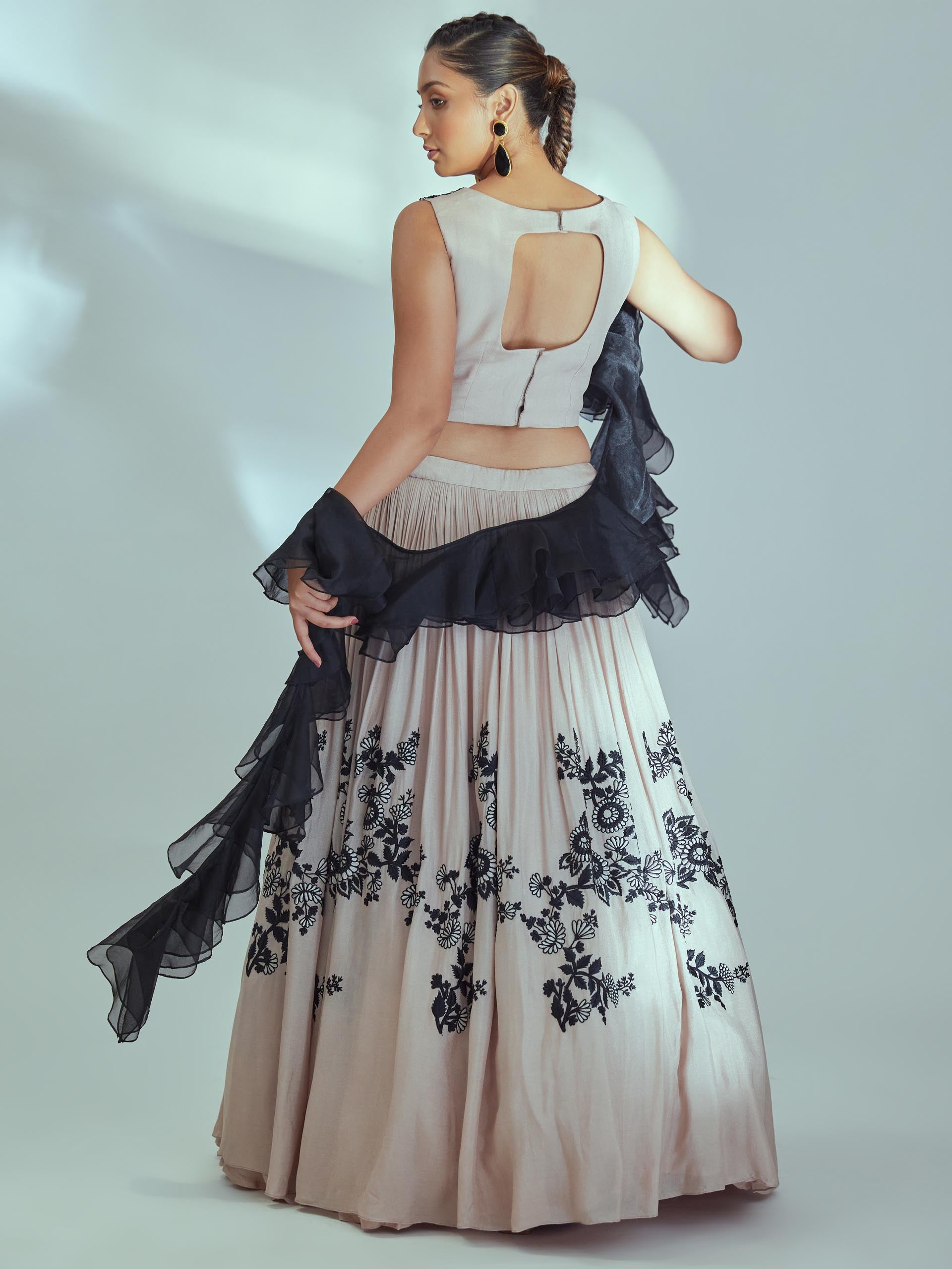 Nude and Black Embroidered Lehenga Set image 4