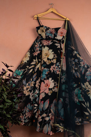 Midnight Blue Floral Blossom Lehenga Set - XS image