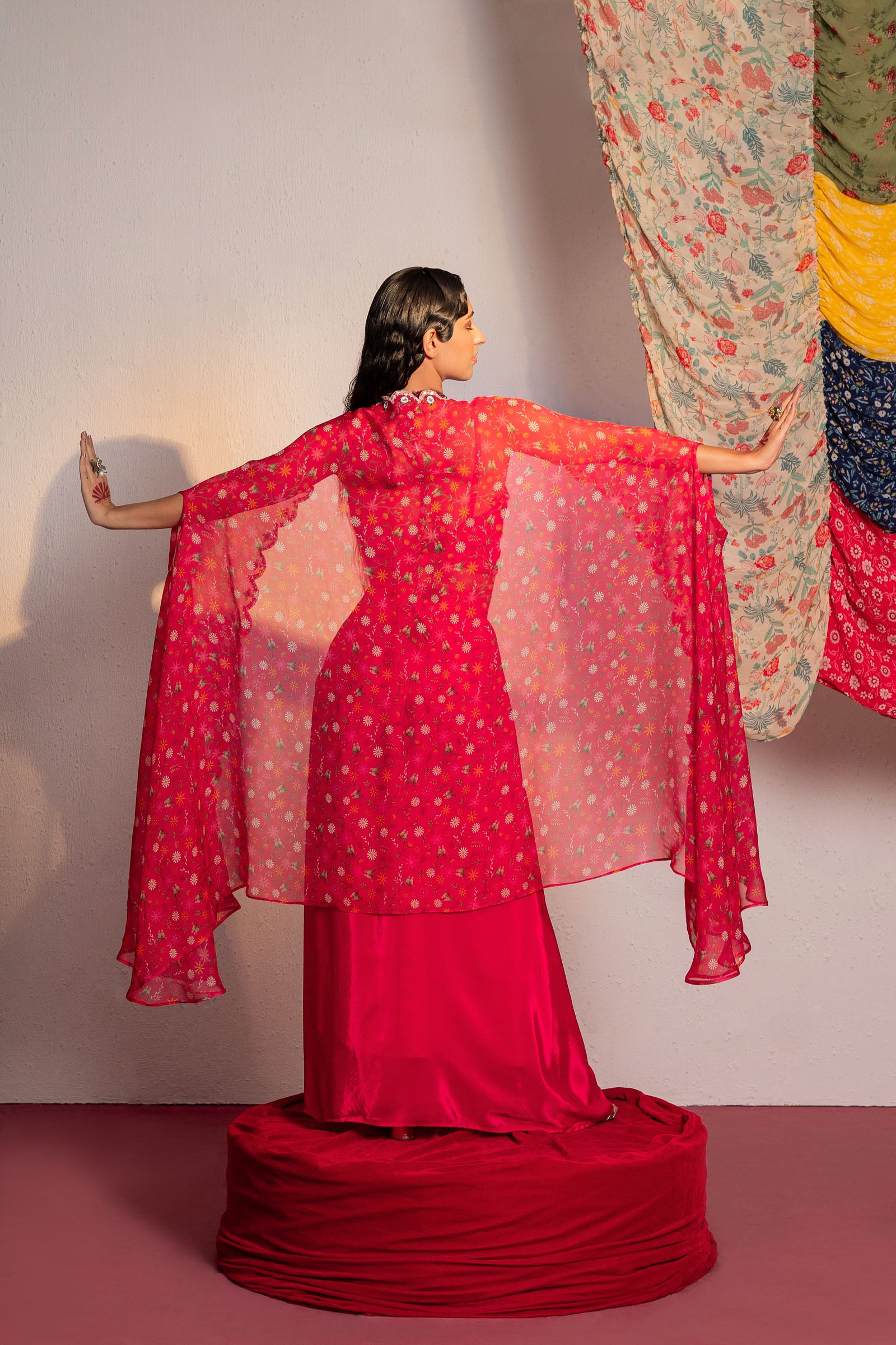 Hot Pink Printed And Embroidered Cape & Skirt Set image 2