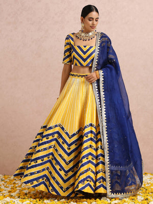 Yellow and Ink Blue Color Block Lehenga Set image 9