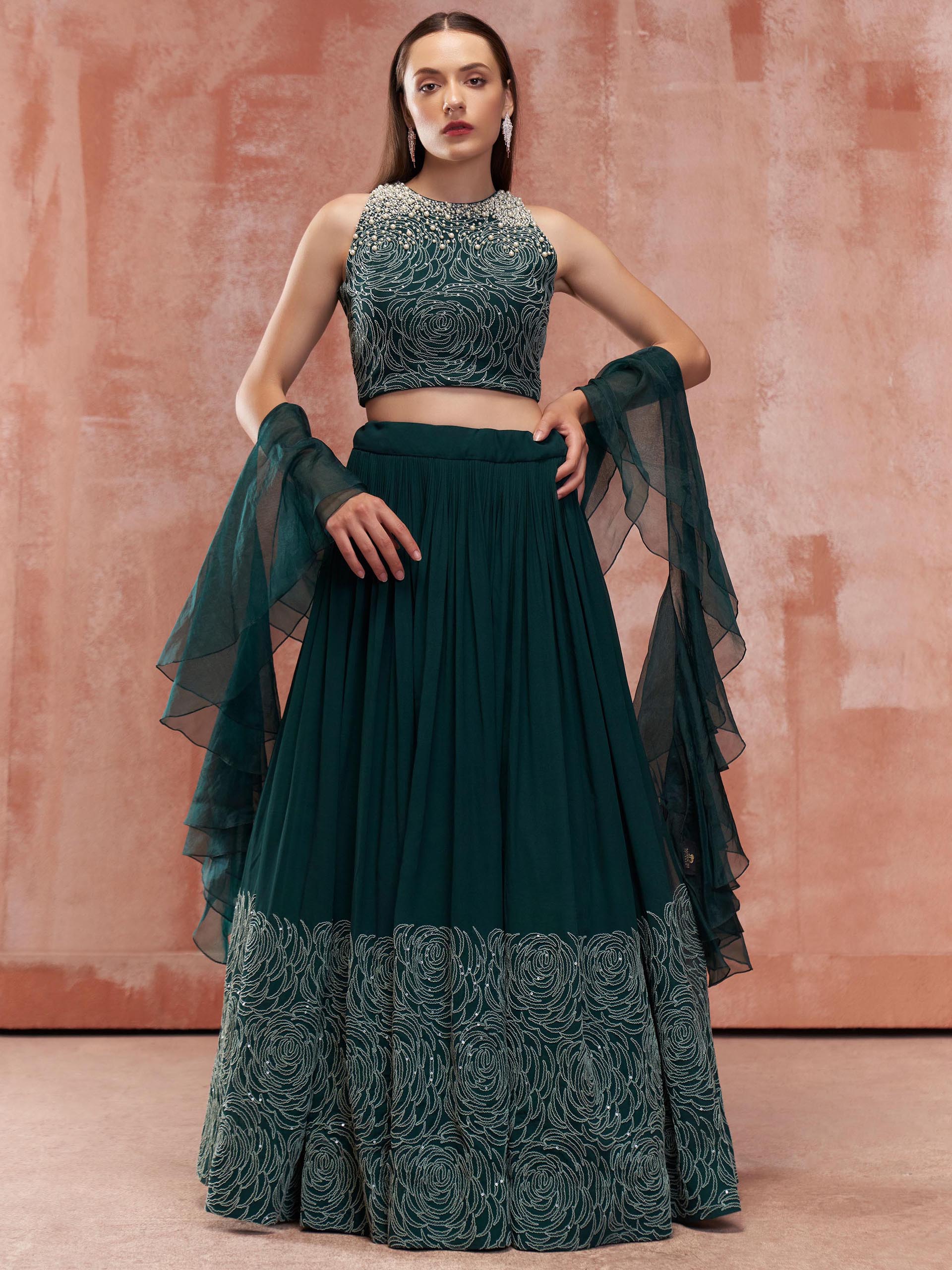 Bottle Green Pearl Lehenga Set image 0