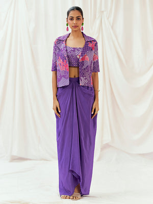 Violet Printed Embroidered Drape Skirt Set with Jacket - M image