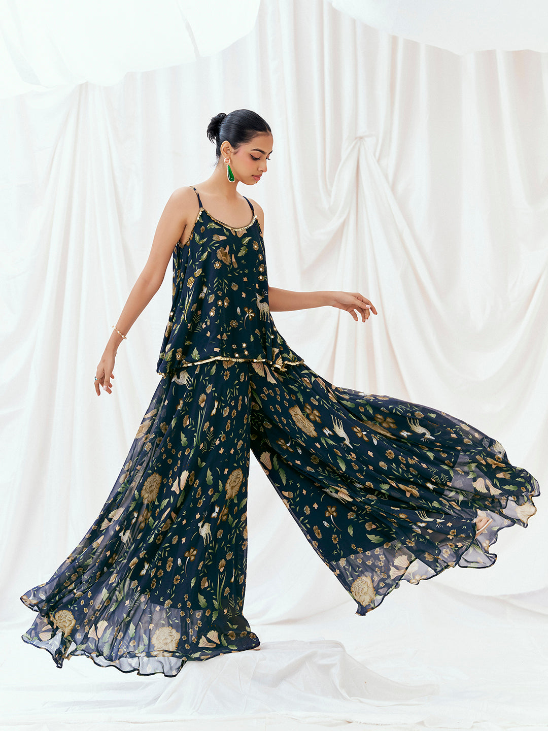 Navy Blue Printed Embroidered Peplum Sharara Set image 4