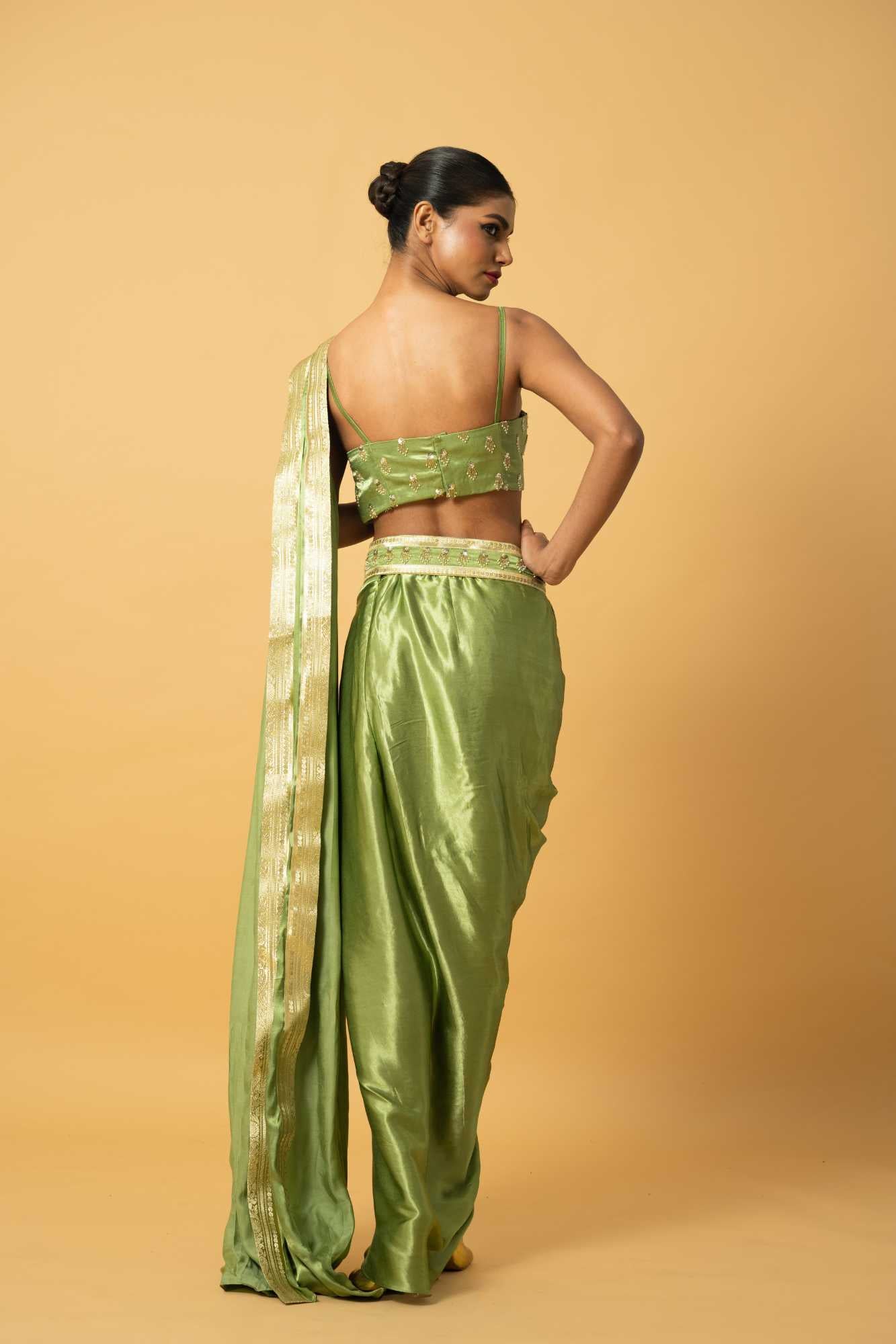 Bright Mint Green Modal Satin Dhoti Saree image 3