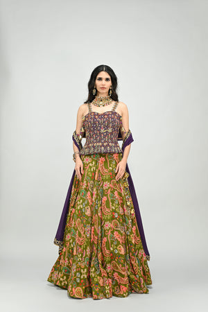 Olive Highlihted Lehenga Paired With Plum Embroidered Badla Corset (with dupatta) image 5