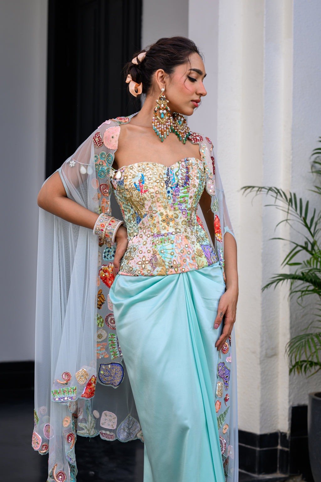 Gardenia Highlighted Corset With Dhoti Skirt And Cape image 4