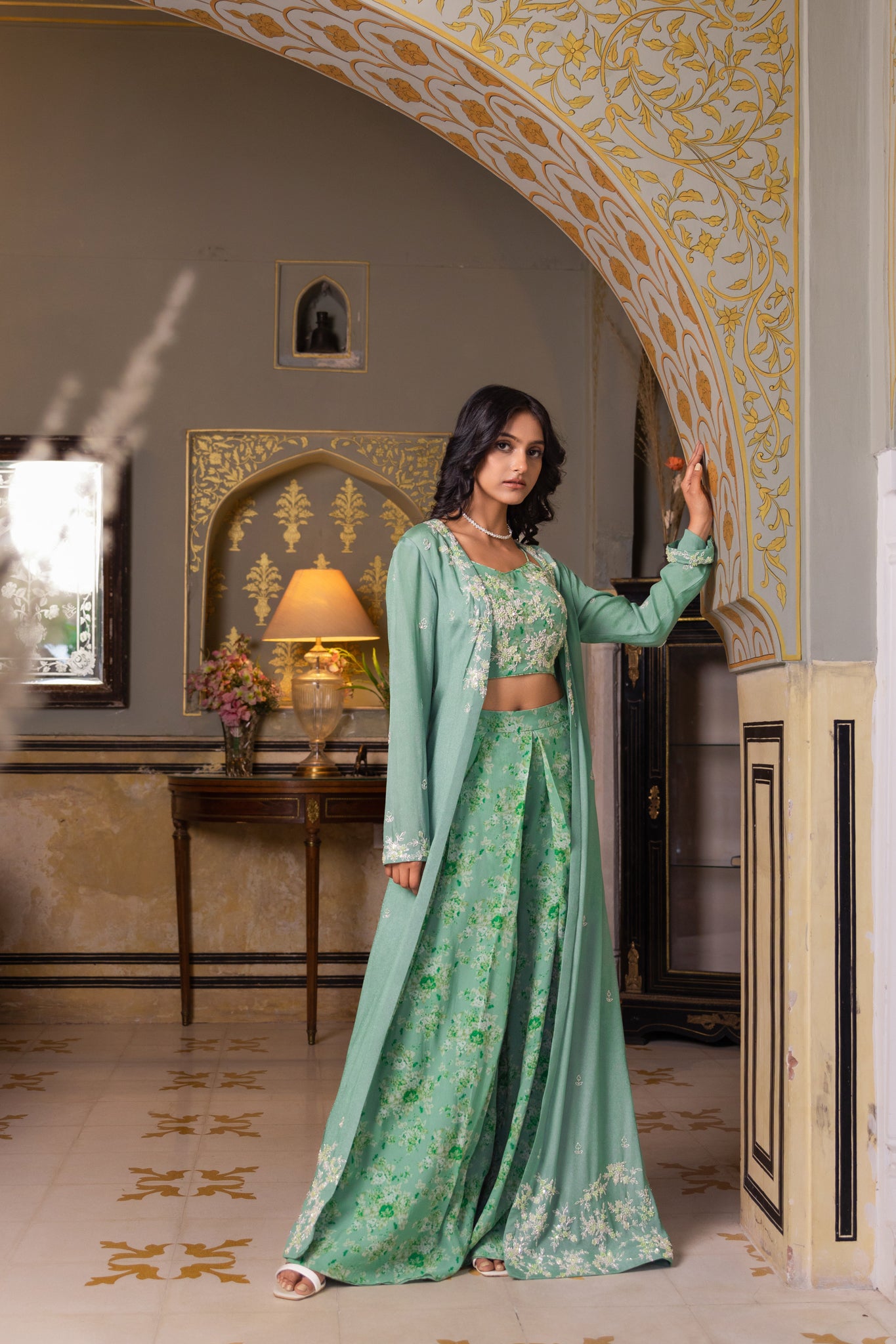 Green Georgette Hand Embroidered Jacket Set - XL image