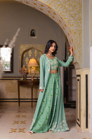 Green Georgette Hand Embroidered Jacket Set - XL image