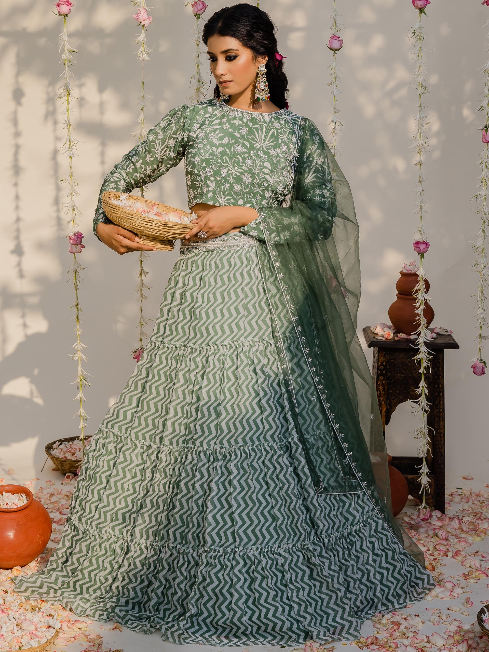 Floral Olive Green Tier Lehenga Set - Custom image