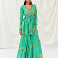 Turquoise Blue Printed Embroidered Peplum Sharara Set image 0