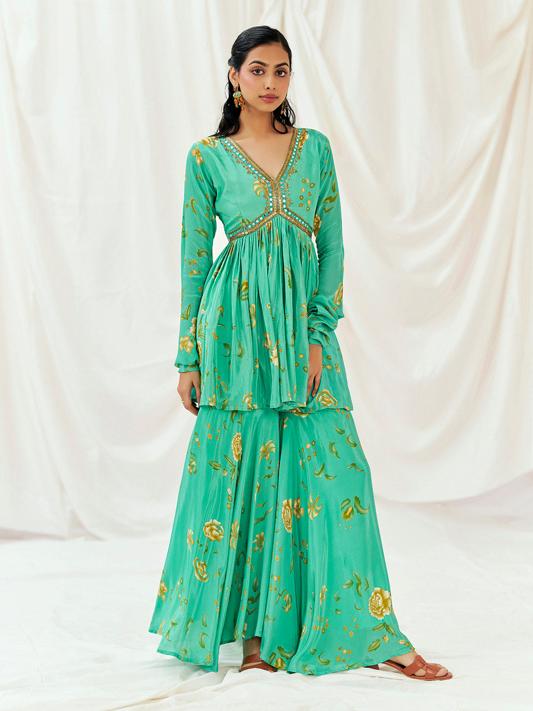 Turquoise Blue Printed Embroidered Peplum Sharara Set image 0
