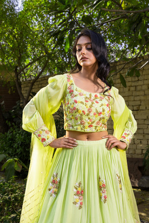 Green Georgette Floral Thread Embroidered Lehenga Set - XL image