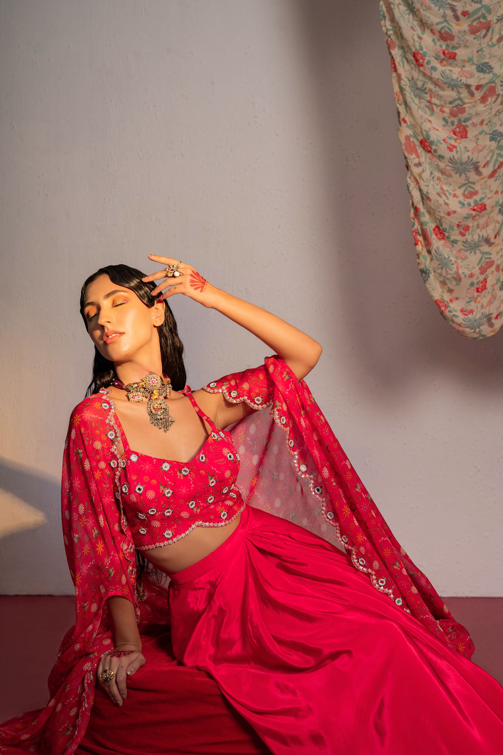 Hot Pink Printed And Embroidered Cape & Skirt Set image 1