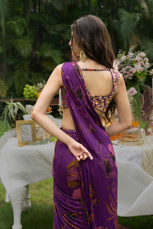 Plum Printed Drape Saree image 5