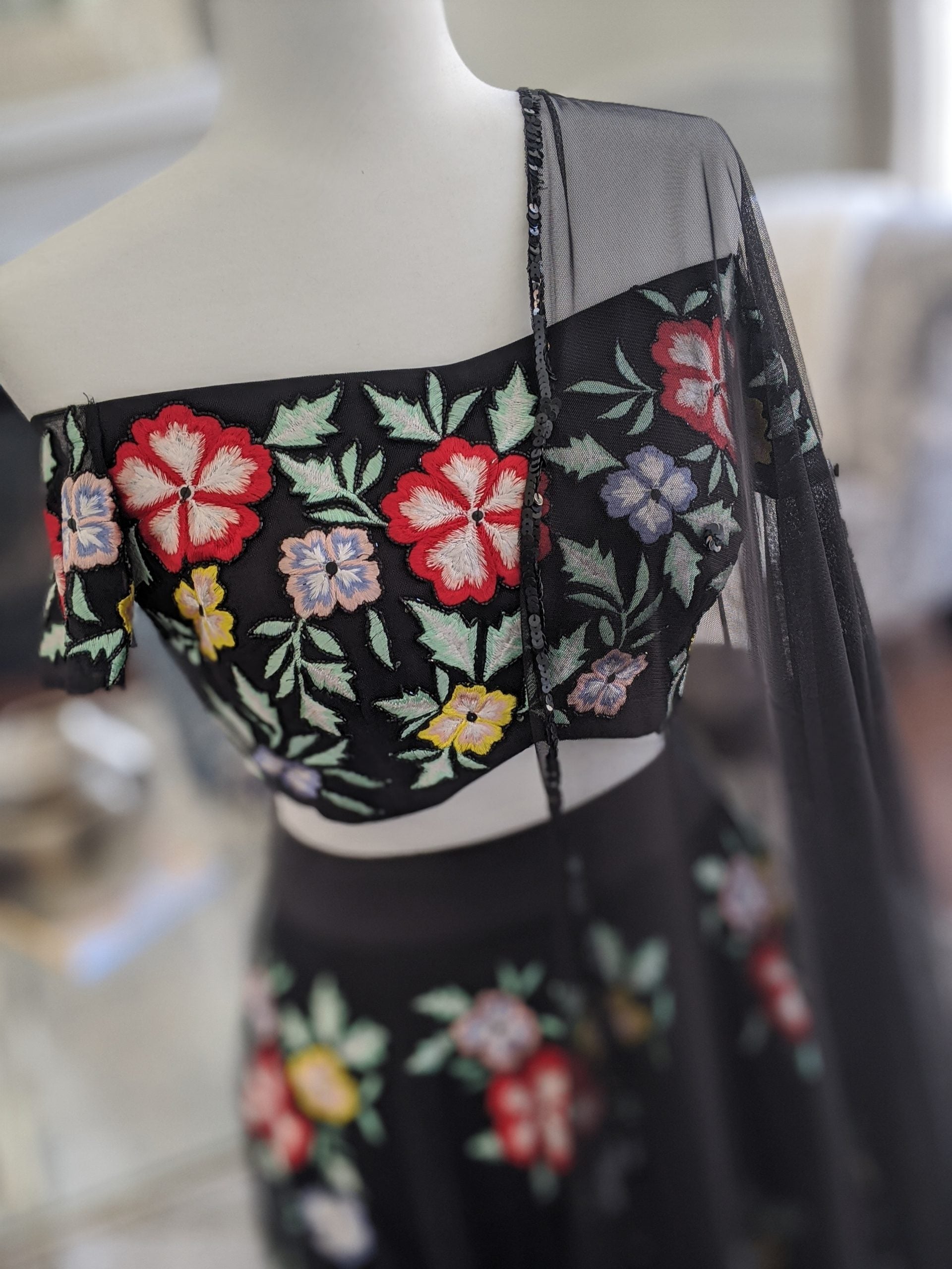 Black Floral Embroidered Off Shoulder Blouse with Lehenga Set image 2
