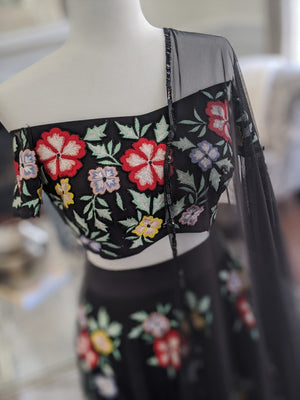 Black Floral Embroidered Off Shoulder Blouse with Lehenga Set image 2
