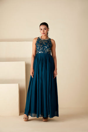 Mirror Work Teal Blue Fusion Dress - L image