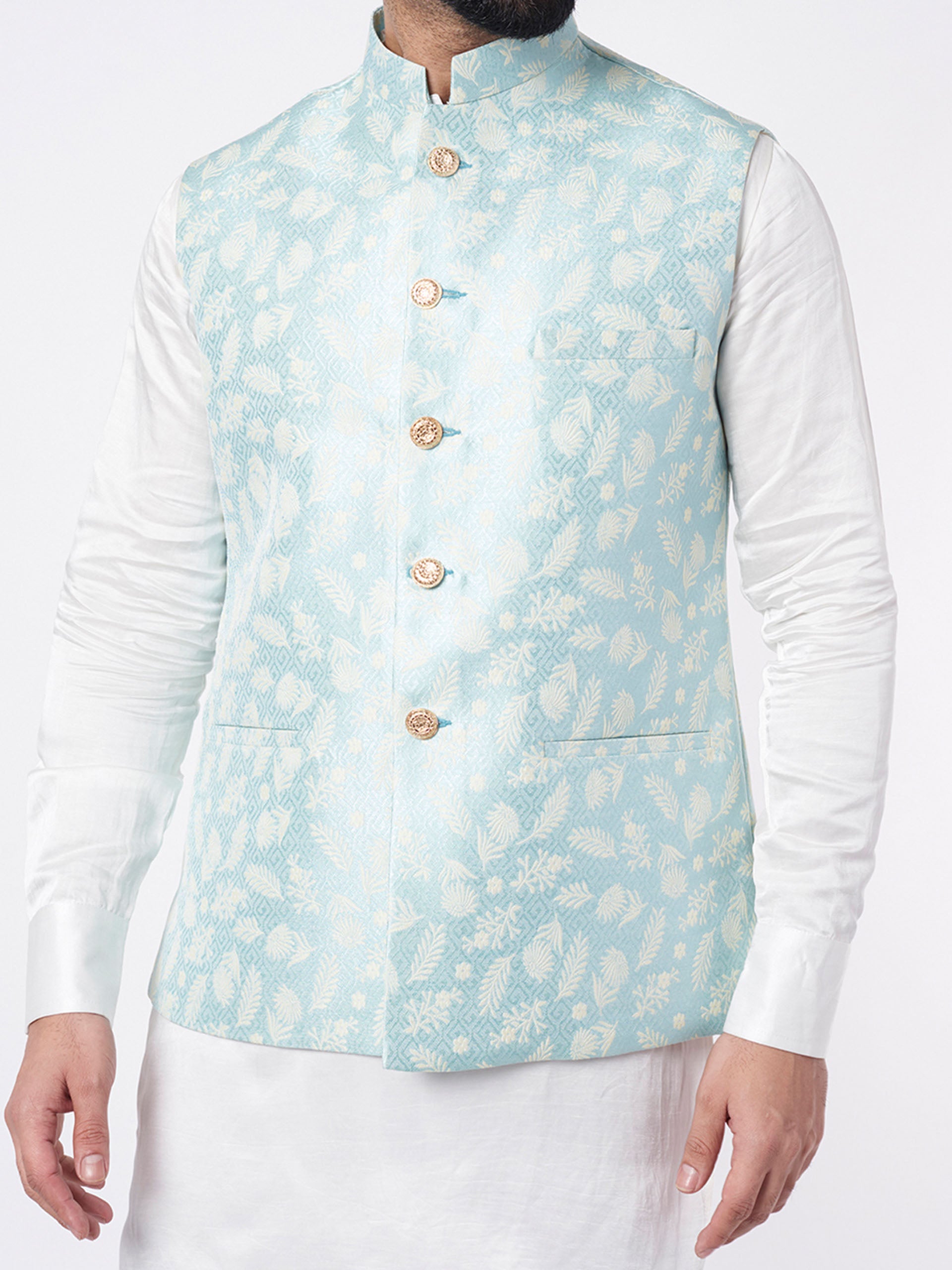 Sky Blue Cotton Bundi Jacket Set image 1