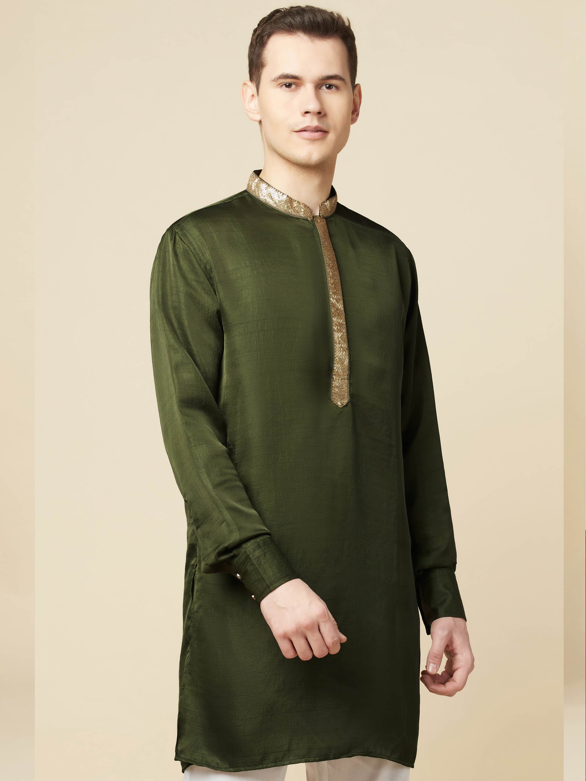 Olive Green Art Silk Kurta image 5