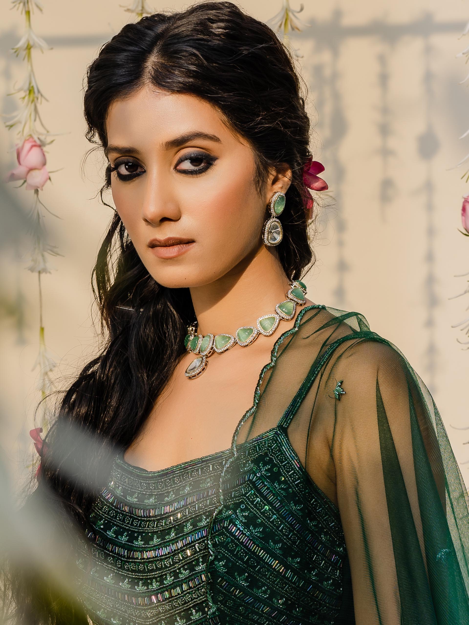 Bottle Green High-Low Lehenga Set image 2