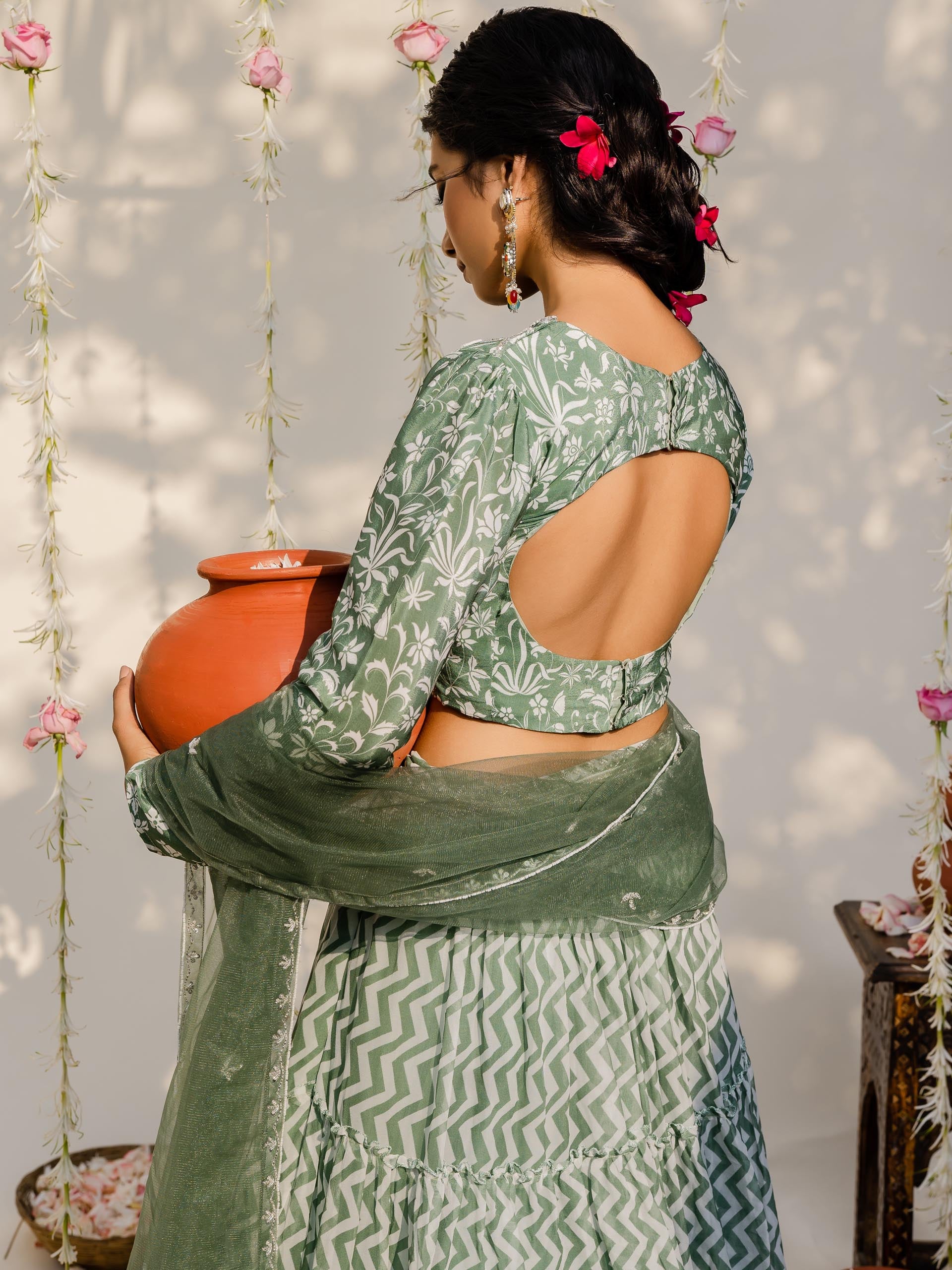 Floral Olive Green Tier Lehenga Set image 3