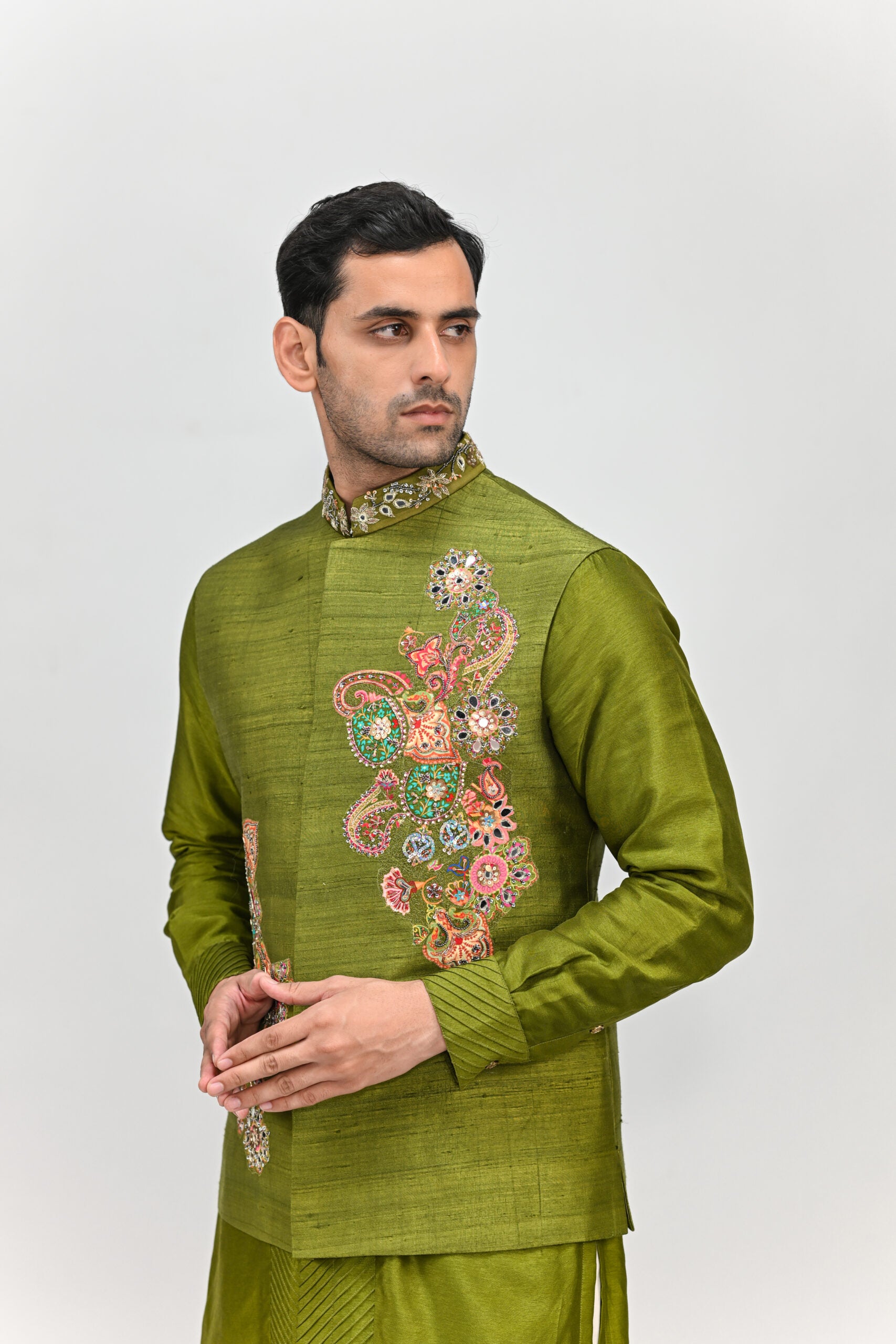 Olive Patch Bundi  Kurta Pant Set image 1